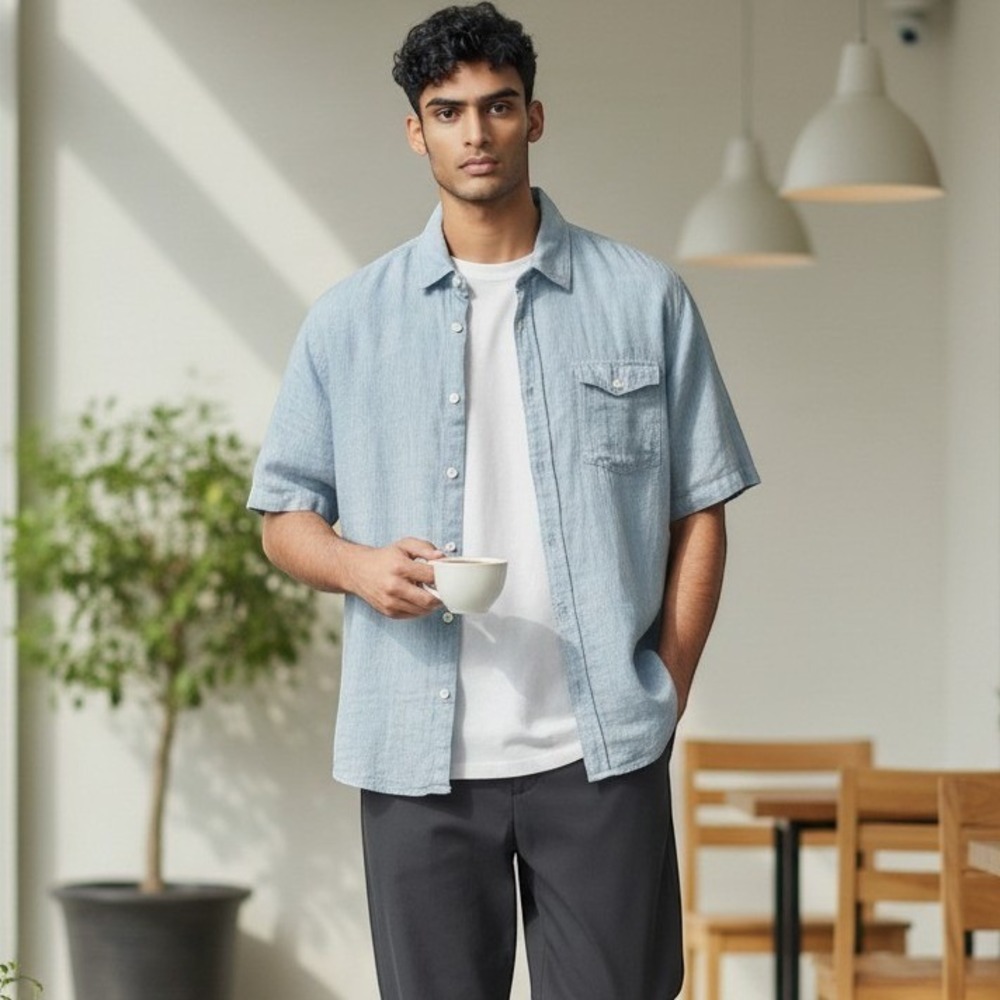 Carbon 2 Cobalt Mens Large Blue Short Sleeve Button Down Cotton Shirt Pocket